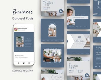 Elegant Blue & White Instagram Carousel Templates: Canva Social Media (Digital Download)