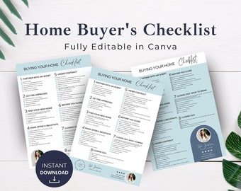 May include: A printable checklist for home buyers with a blue and white color scheme. The checklist is divided into sections for each step of the home buying process, including partnering with an agent, getting pre-approved, finding a new home, making an offer, and closing day. The checklist is fully editable in Canva.