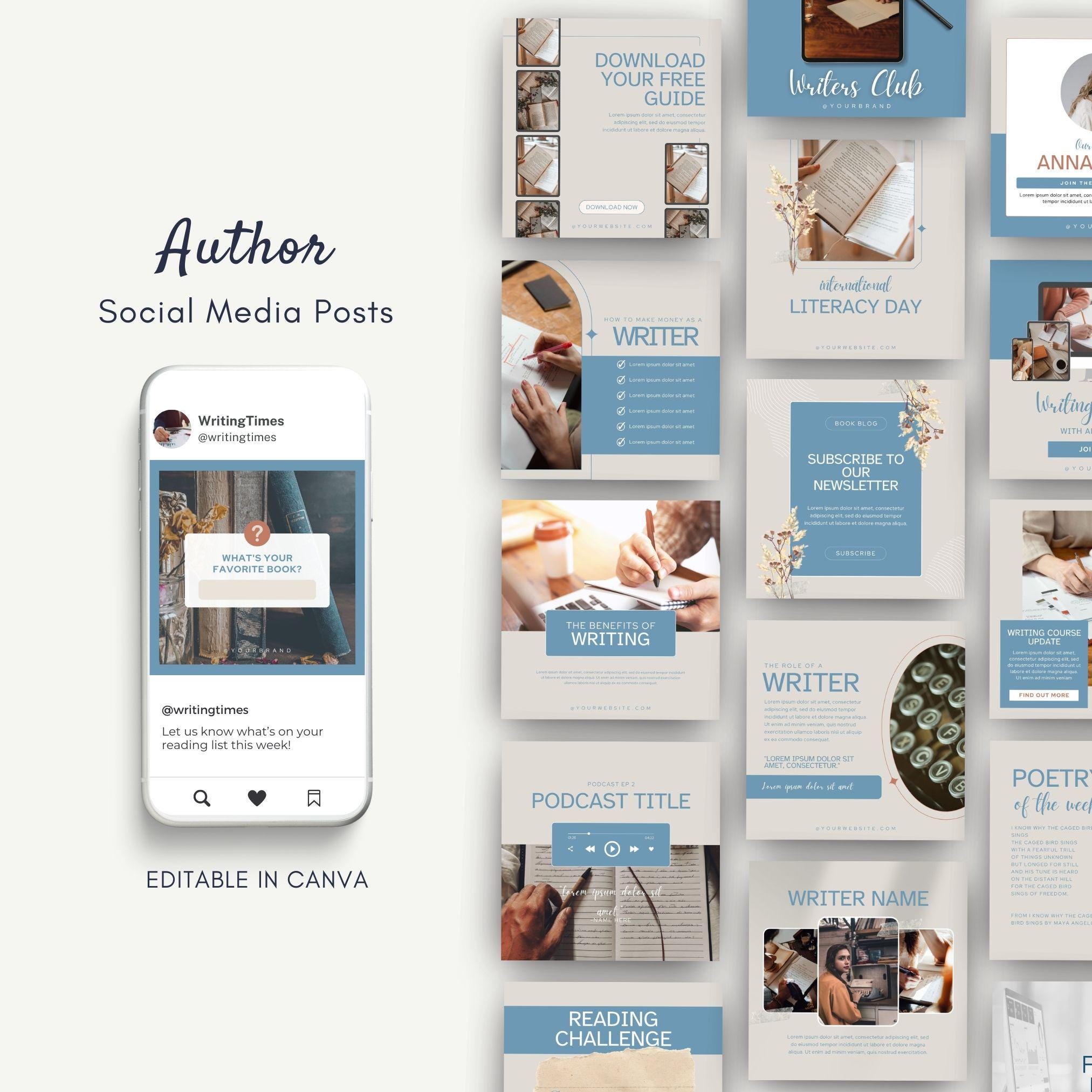 Social Media Templates for Authors, Canva Templates for Instagram Post for Book Launch and Promo, Novel Writer Bookstagram Aesthetic IG Feed
