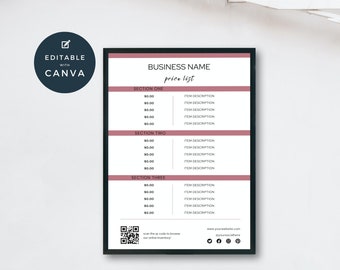 May include: A printable price list template for a business. The template is designed in a minimalist style with a pink header and black text. The template includes sections for pricing and item descriptions. The template also includes a QR code for customers to scan and view the business's online inventory.