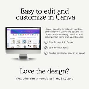 May include: A computer screen displaying a Canva design template with the text "Easy to edit and customize in Canva". The text below the screen says "Simply open the template in your Free or Pro version of Canva, and edit the text & fonts and then simply download and either print at home or at a print service."  A checklist with three items is below the text: "Simple to edit in Canva", "Edit all text & fonts", and "Can be printed or sent in an email". The text below the checklist says "Love the design? View other similar templates in my Etsy store."