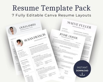 May include: A set of seven resume templates for Canva, featuring a modern, minimalist design with black text and a simple layout. The templates include sections for contact information, professional summary, work experience, education, and skills.