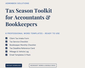 Tax Season Toolkit for Accountants & Bookkeepers | Client Intake Form, Checklists, Email Templates | Editable Word and Google Docs Templates