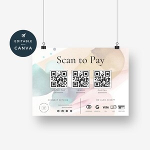 May include: A colourful poster with a watercolour background and the text "Scan to Pay". It features three QR codes for Apple Pay, Venmo, and PayPal. The poster also includes contact information and payment methods accepted.