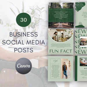 May include: A collection of 30 business social media posts, designed with a modern aesthetic. The design features a green and white color scheme, with the word "BUSINESS SOCIAL MEDIA POSTS" in a bold font. The Canva logo is also visible.