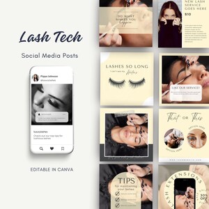 Könnte beinhalten: Eine Sammlung von Social-Media-Posts für eine Wimpernstylistin. Die Posts zeigen Bilder von Wimpern, Tipps zur Pflege von Wimpern und ein Sonderangebot für Wimpernverlängerungen. Der Text auf den Posts enthält Sätze wie "Tu, was dich glücklich macht", "Wimpern so lang, dass ich meine Hater nicht mehr sehen kann", "Gefällt dir unser Service?", "Das oder das", "Tipps zur Pflege deiner Wimpern" und "Wimpernverlängerungen 30% Rabatt".