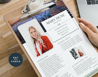 Speaker Sheet Canva Template, Professional Speaker Sheet, Author Media Kit, Keynote Speaker, Life Coach Poster, Contact Bio, 013-02 Green