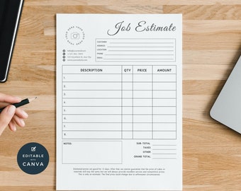 Könnte beinhalten: Ein weißes Job-Estimate-Formular mit Logo, Kundeninformationen und einer Tabelle zur Artikelbeschreibung. Das Formular enthält Felder für Menge, Preis und Betrag. Der Text "Editable with Canva" befindet sich unten links.