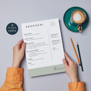 May include: A proposal template with a green background. The text on the template includes "Proposal", "Project Name", "Project Scope", "Work Includes", "Final Files Delivered", "Timeline", "Price", "Prepared For", "Company Name", "Date", and "Thank you!"