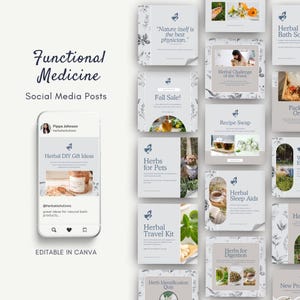 May include: A collection of social media post templates for a functional medicine business. The templates feature a variety of herbal remedies and products, including herbal bath salts, sleep aids, and digestive herbs. The templates are designed in a light blue and grey colour scheme with floral accents.