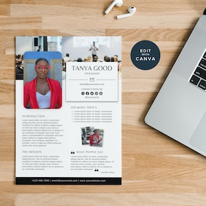May include: A business card for Tanya Good, a speaker. The card features a headshot of Tanya, her name, title, email address, social media handles, and a brief introduction to her speaking topics. The card also includes a quote from a satisfied client.