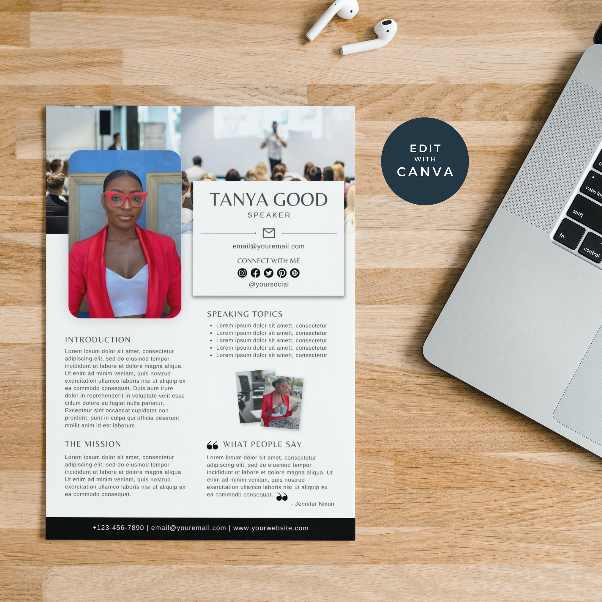 Speaker Sheet Canva Template, Professional Speaker Sheet, Author Media Kit, Keynote Speaker, Life Coach Poster, Contact, 013-02 Black White