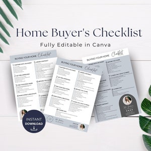 Op de afbeelding: Een afdrukbare checklist voor huizenkopers met een grijs en wit kleurenschema. De checklist heeft de titel "Buying Your Home Checklist" en bevat stappen zoals "Partner with an Agent", "Get Pre-Approved", "Find Your New Home", "Make Offer & Negotiate", "Under Contract", "Before You Close", "Closing Day What to Bring", en "Closing Day".