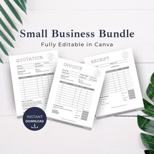 May include: A set of four printable templates for small businesses, including a quotation, invoice, and receipt. Each template features a floral design and is fully editable in Canva.