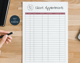 Salon Appointment Tracker | Client Service Record Sheet | Printable Customer Appointments | Nail Tech Beauty Salon Makeup Lash Session Rose