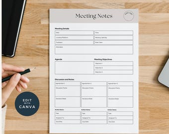 Meeting Notes Template Canva: Editable Meeting Minutes (PDF)