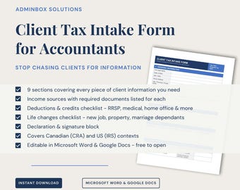 Client Tax Intake Form for Accountants | Editable Word Document | Deductions Checklist, Income Sources, Declaration | Instant Download