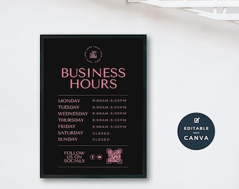 Opening Hours Sign Editable Printable Template | Store Times | Hours of Operation | Holiday Shop | Editable in Canva | Business Hours |Black