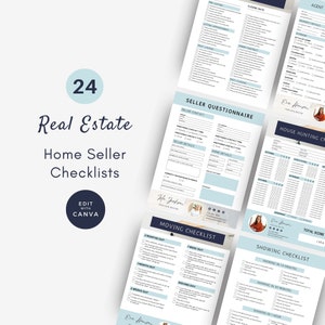 Könnte beinhalten: Ein Satz von 24 druckbaren Checklisten für Hausverkäufer, gestaltet in einem blau-weißen Farbschema. Die Checklisten decken Themen wie Umzug, Besichtigung und Haussuche ab. Die Checklisten sind so konzipiert, dass sie mit Canva bearbeitet werden können.