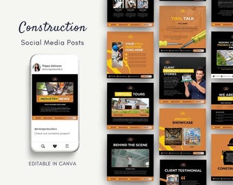 May include: A collection of social media post templates for a construction company. The templates feature a variety of images and text, including photos of construction projects, tools, and workers. The templates are designed to be used on platforms like Instagram and Facebook.