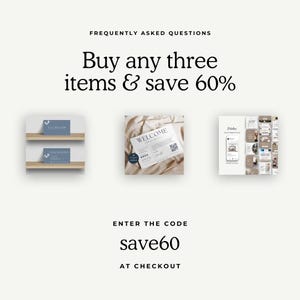May include: A graphic design sale announcement with a 60% discount on three items. The image shows three different digital products: a welcome sign, a set of plates, and a set of business cards. The text reads "Buy any three items & save 60%" and "Enter the code save60 at checkout".