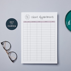 Puede incluir: Un registro de citas de clientes imprimible con columnas para la fecha, la hora, el nombre del cliente, el teléfono, el servicio y el precio. El texto "Edit with Canva" está en un círculo en la parte superior izquierda de la página.