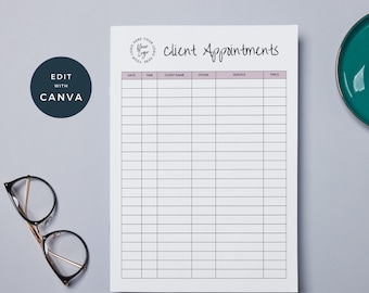 Salon Appointment Tracker | Client Service Record Sheet | Printable Customer Appointments | Nail Tech Beauty Salon Makeup Lash Session Pink
