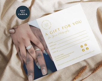 Gift Certificate Template, Editable Wedding Photography Gift Certificate, Canva, Photographer Gift Voucher, Photography Gift Card, Gold
