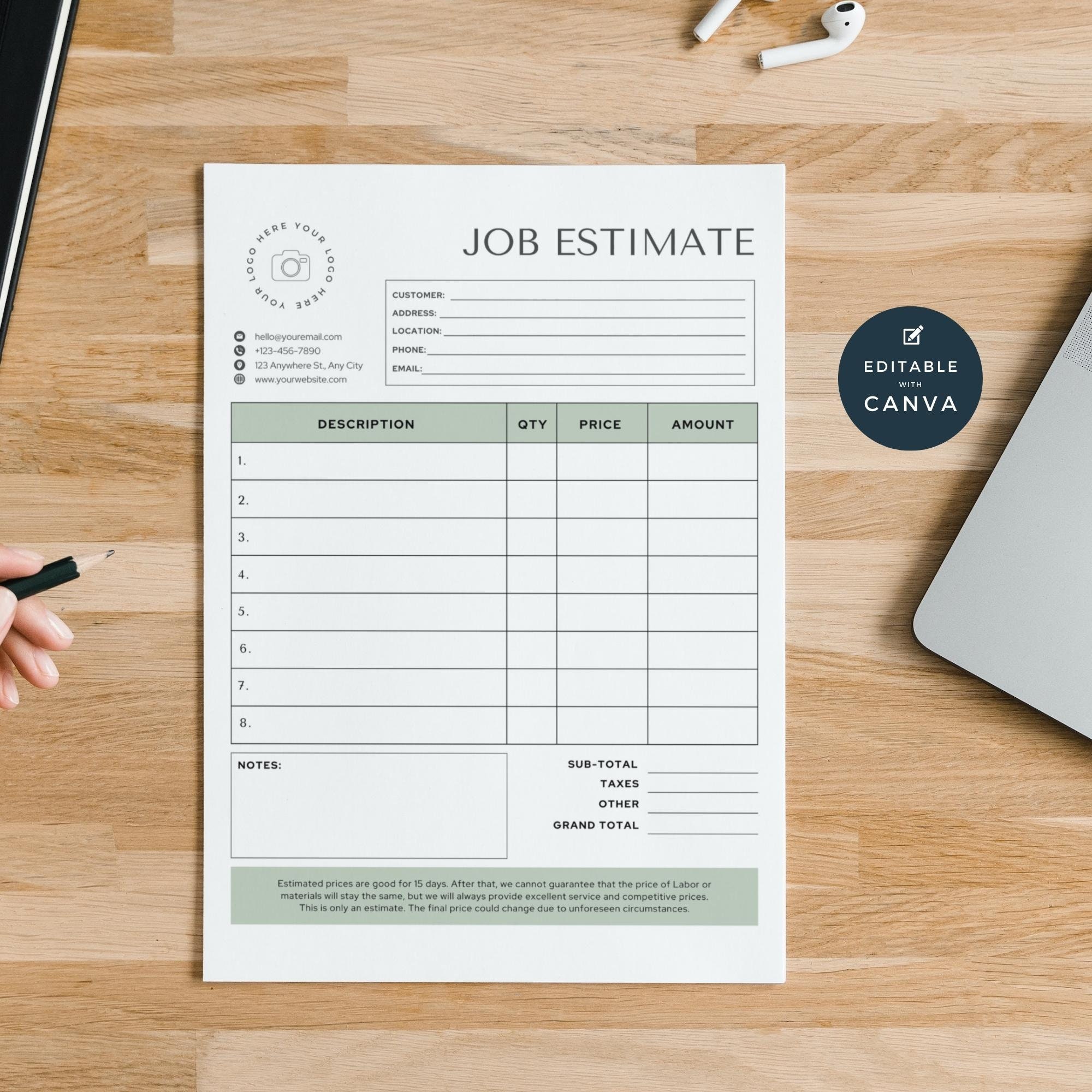 Minimal Job Estimate Template | Professional Simple Work Bid | Client ...