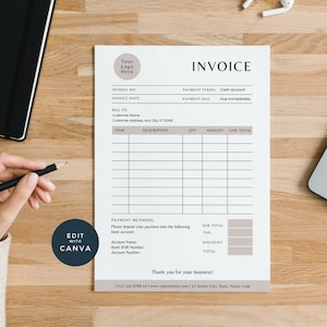 Peut inclure: Un modèle de facture vierge avec des champs pour le numéro de facture, la date, la facturation à, l'article, la description, la quantité, le montant, le total de la ligne, le sous-total, la taxe, la réduction et le total. Le modèle comprend également les conditions de paiement et les méthodes de paiement.