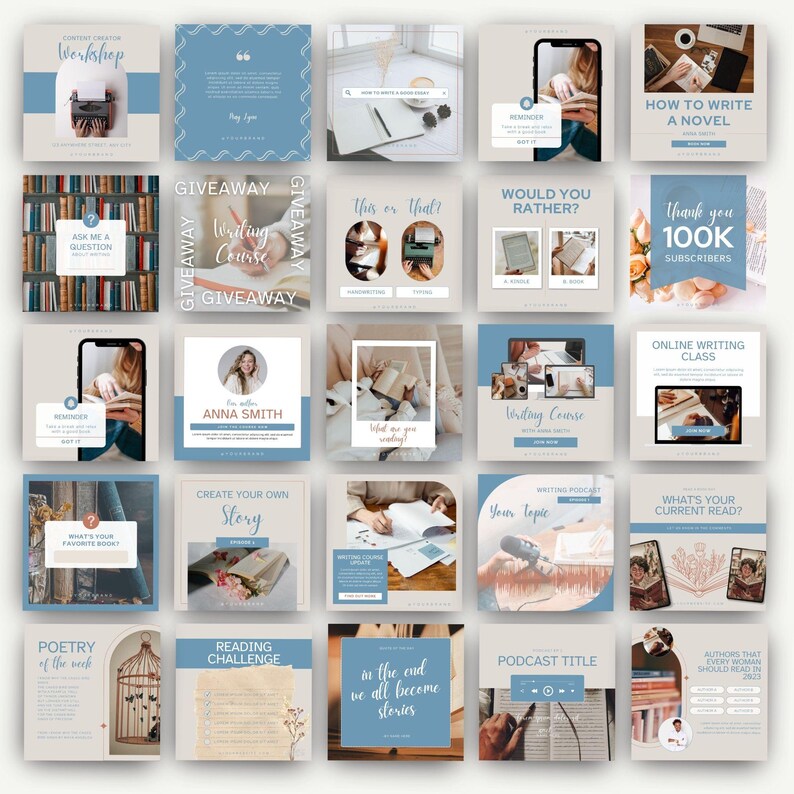 May include: A collection of 25 Instagram post templates for writers and authors. The templates feature a blue and beige color scheme with text overlays. Some of the templates include images of books, typewriters, and writing supplies.