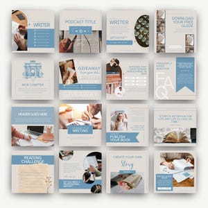 May include: A collage of 12 Instagram post templates for writers. The templates feature a light brown background with blue accents and text. Some of the templates include images of books, pens, and laptops. The text on the templates includes phrases like "Writer", "New Chapter", "Reading Challenge", "How to Publish Your Book", and "Create Your Own Story".