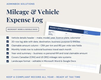 Mileage Vehicle Expense Log for Tax Deductions, Editable Word Document, CRA IRS Business Travel Tracker, Year-End Summary, Instant Download