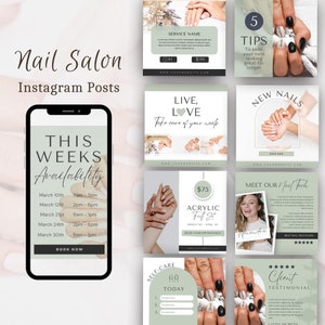 Nail Salon Instagram Post Templates | Nail Social Media | Esthetician care Instagram Canva | Minimalism IG | Pedicure Manicure Beauty Sage