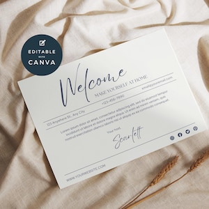 Airbnb Welcome Card Canva, VRBO Host Hello, Editable Rental Template, Visitor Greeting Card, Customize Guest Thanks, Vacation Home, Cream