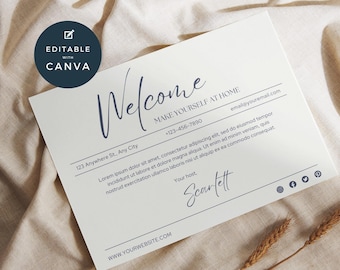 Airbnb Welcome Card Canva, VRBO Host Hello, Editable Rental Template, Visitor Greeting Card, Customize Guest Thanks, Vacation Home, Cream