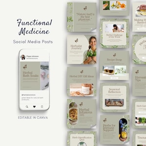 May include: A collage of social media posts for a functional medicine herbalist. The posts feature images of herbs, teas, and other herbal products. The text on the posts includes phrases like "Herbalist Journey", "Herbal Bath Soaks", "Herbal DIY Gift Ideas", and "Herbs for Immune Support".