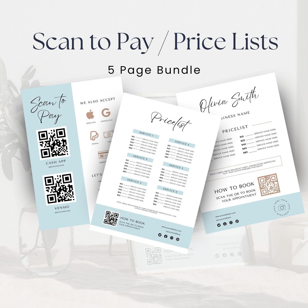 Scan to Pay QR Code & Price List Template, Editable Salon Payment Sign ...