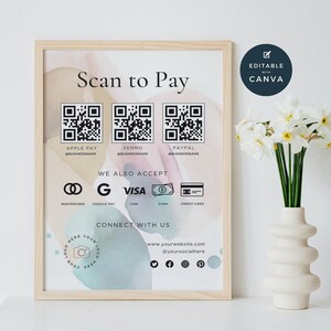 Può includere: Un cartello stampabile con uno sfondo ad acquerello e una cornice in legno. Il cartello dice "Scan to Pay" e include codici QR per Apple Pay, Venmo e PayPal. Elenca anche altri metodi di pagamento accettati, tra cui Mastercard, Google Pay, Visa, contanti e carta di credito. Il cartello include anche uno spazio per un logo e le maniglie dei social media.