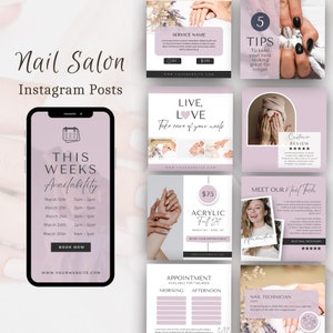 May include: A pink and white Instagram post template for a nail salon. The template includes a calendar with dates and times for appointments, a price list for services, and a customer review. The text "This Weeks Availability" is at the top of the calendar. The text "Live, Love, Take care of your nails" is at the top of the price list. The text "Customer Review" is at the top of the customer review section. The text "Meet Our Nail Tech" is at the top of the nail tech section. The text "$75 Acrylic Full Set" is at the top of the acrylic full set section. The text "Appointment Available for this week" is at the top of the appointment section. The text "Morning" and "Afternoon" are at the top of the morning and afternoon sections. The text "Nail Technician" is at the top of the nail technician section. The text "5 Tips To keep your nails looking great for longer" is at the top of the 5 tips section.