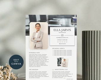 Speaker Sheet Canva Template, Professional Speaker Sheet, Author Media Kit, Keynote Speaker, Life Coach Poster, Contact 013-02 Neutral