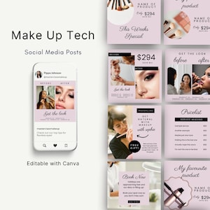 20 Beauty Instagram Posts, Eyelash Artist Branding, Make Up Stylist Post, Blush Pink Social Media Salon, Canva Templates, Luxury, Modern