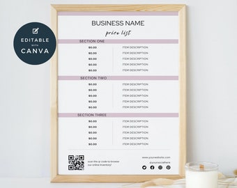 May include: A printable price list template for a business. The template has a light pink background and includes sections for "Section One", "Section Two", and "Section Three". Each section has a list of items with a price and a description. The template also includes a QR code and social media icons.