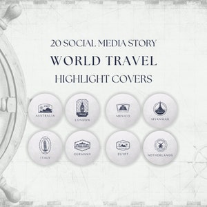 May include: A set of eight social media story highlight covers featuring iconic landmarks from around the world. The covers are white with blue illustrations and text. The text includes the names of the countries: Australia, London, Mexico, Myanmar, Italy, Germany, Egypt, and Netherlands.