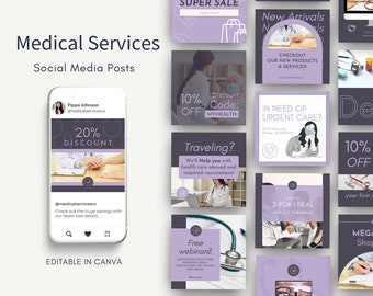 May include: A collection of nine social media posts for a medical services company. The posts feature a variety of topics, including discounts, travel health care, urgent care, and free webinars. The posts are designed in a purple and gray color scheme with a modern and professional aesthetic.