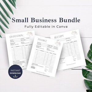 May include: A printable bundle of three business templates: a quotation, invoice, and receipt. Each template features a floral design with a white background and black text. The templates are fully editable in Canva.