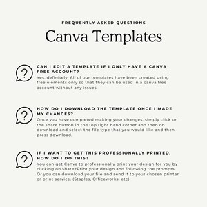 May include: A frequently asked questions page for Canva templates. The page includes three questions and answers about editing templates, downloading templates, and printing templates.
