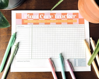 May include: A printable plant care tracker with a pink and orange checkered background. The tracker includes a section for plant name, a calendar grid for each month of the year, and a section for additional care notes. The tracker also includes a key with icons for top watered, bottom watered, fertilized, treated, and dusted.
