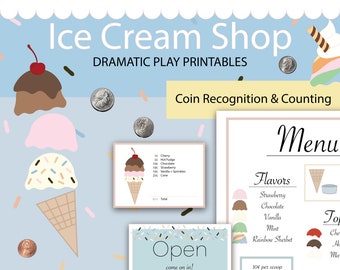 Ice Cream Shop Printable | Dramatic Play and Counting Coins Kit | Preschool and Kindergarten Imaginative Learning