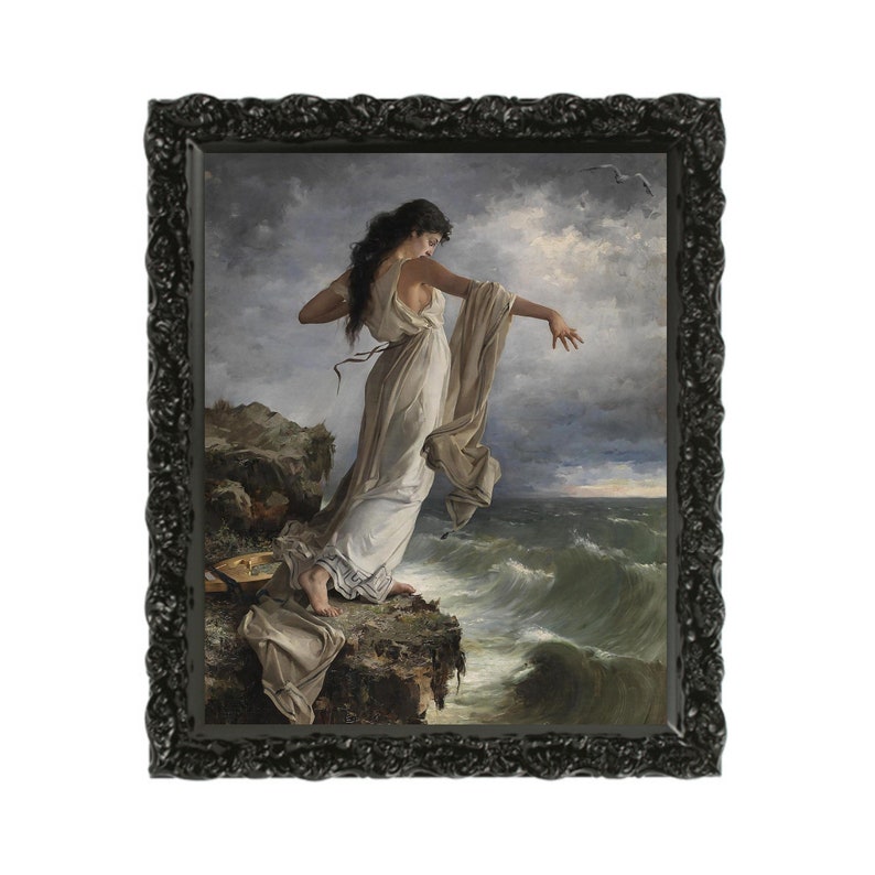 Peut inclure: Une &oelig;uvre encadr&eacute;e repr&eacute;sentant une femme en robe blanche sur une falaise, face &agrave; une mer orageuse. Le tableau pr&eacute;sente un ciel sombre et dramatique, dans un cadre noir orn&eacute;.